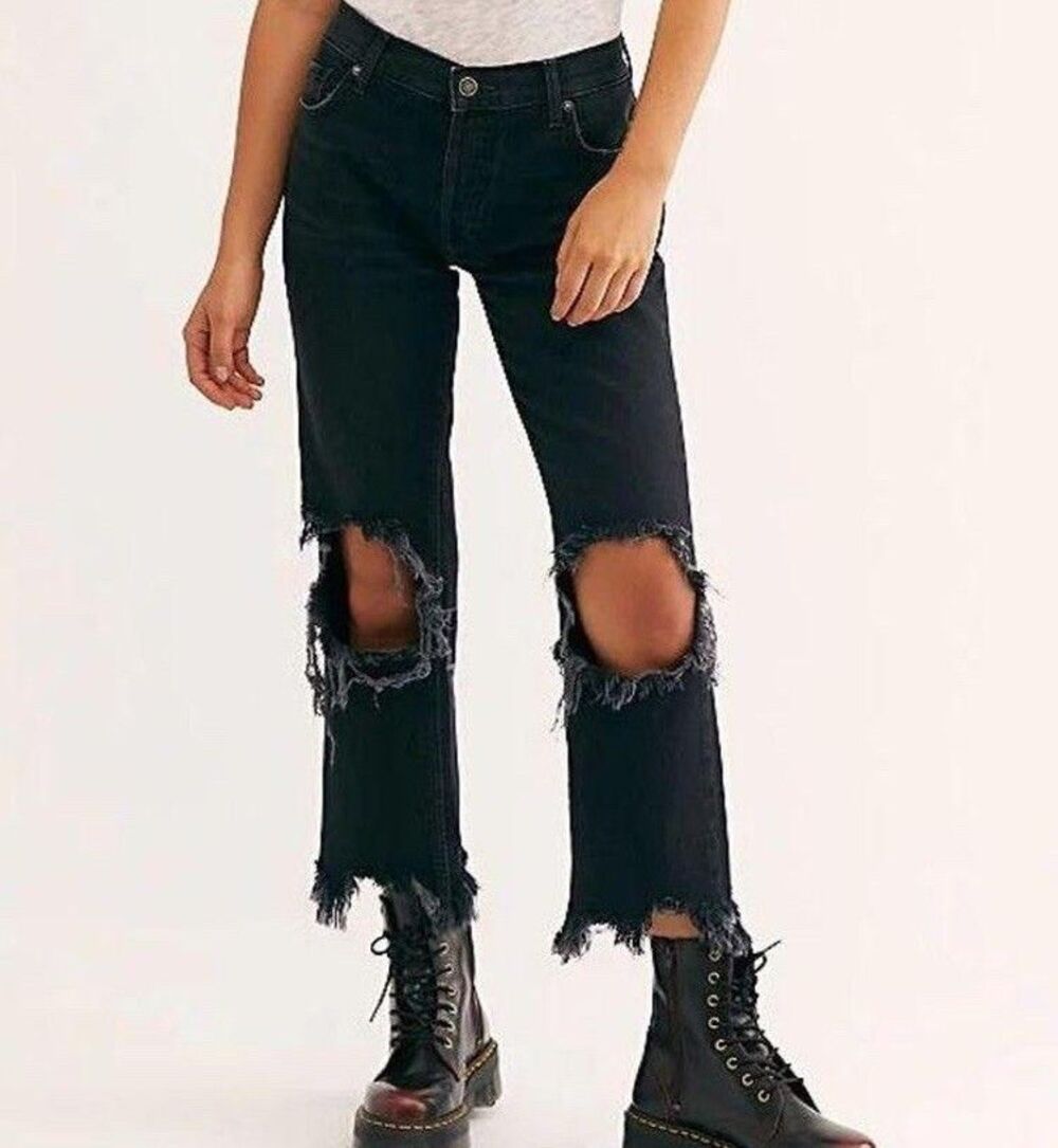 We The Free Maggie Washed Black High-Rise Distressed Straight Jeans Womens sz 26